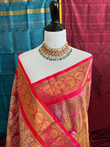 Exclusive Kanchivaram Tissue Silk Pure Zari Silk Saree | Metallic Pink & Gold | Brocade Pattern | Handwoven | Ships from California
